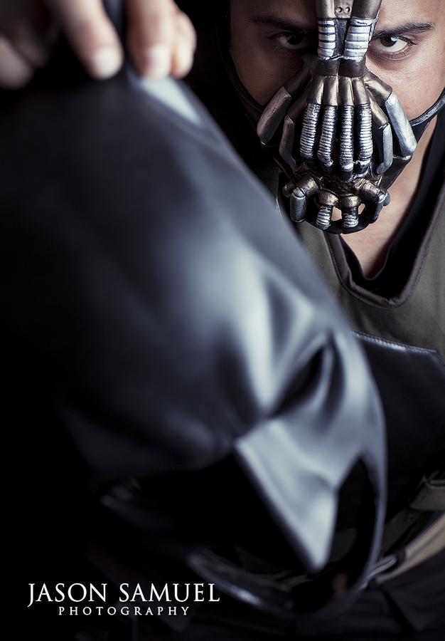 Bane character portrait — muscular pose with dramatic lighting