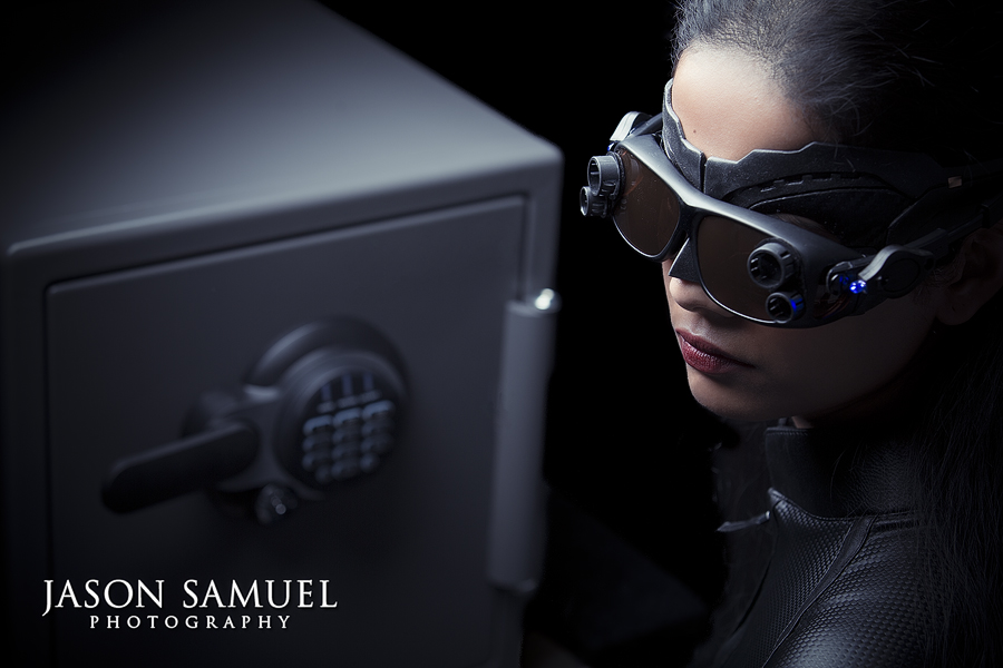 Catwoman themed shoot — dramatic pose with leather costume